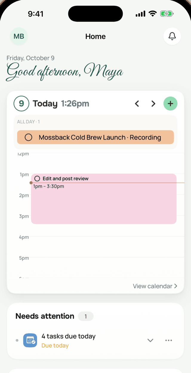 Cadant Home screen on iPhone: today's schedule and what needs attention