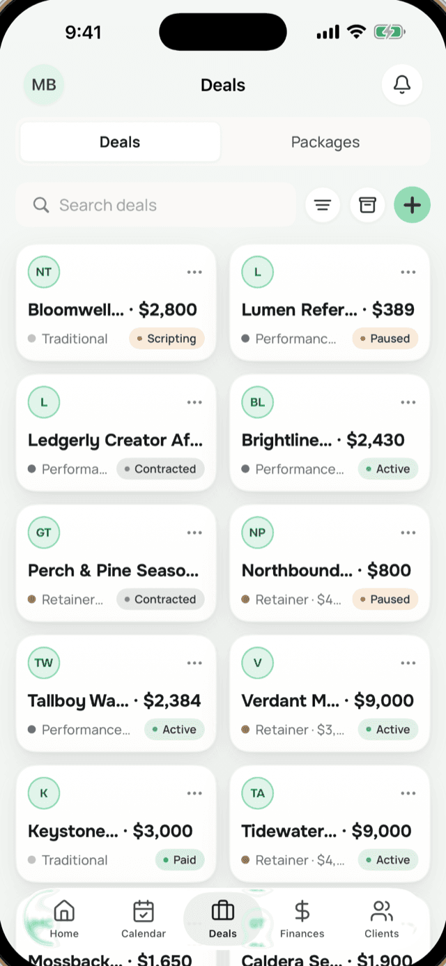 Cadant Deals screen: a grid of brand deals with amounts and stage tags