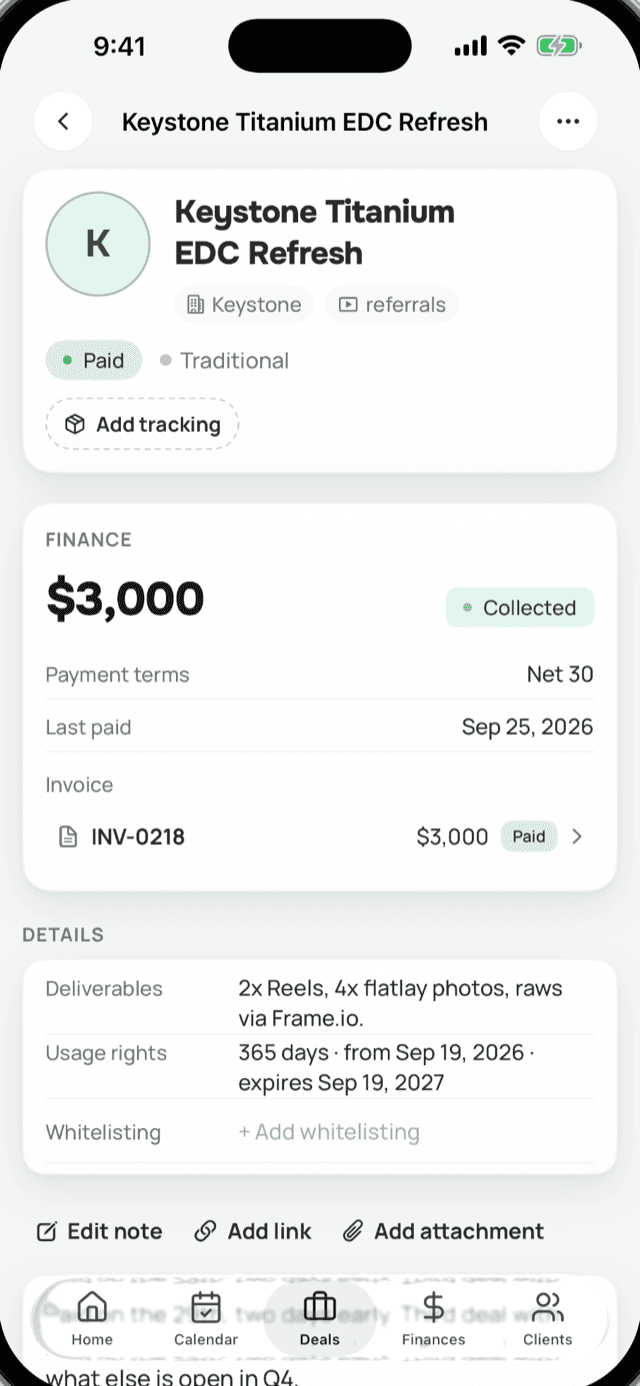 A deal's finance card in Cadant: $3,000 collected, Net 30 terms and a paid invoice