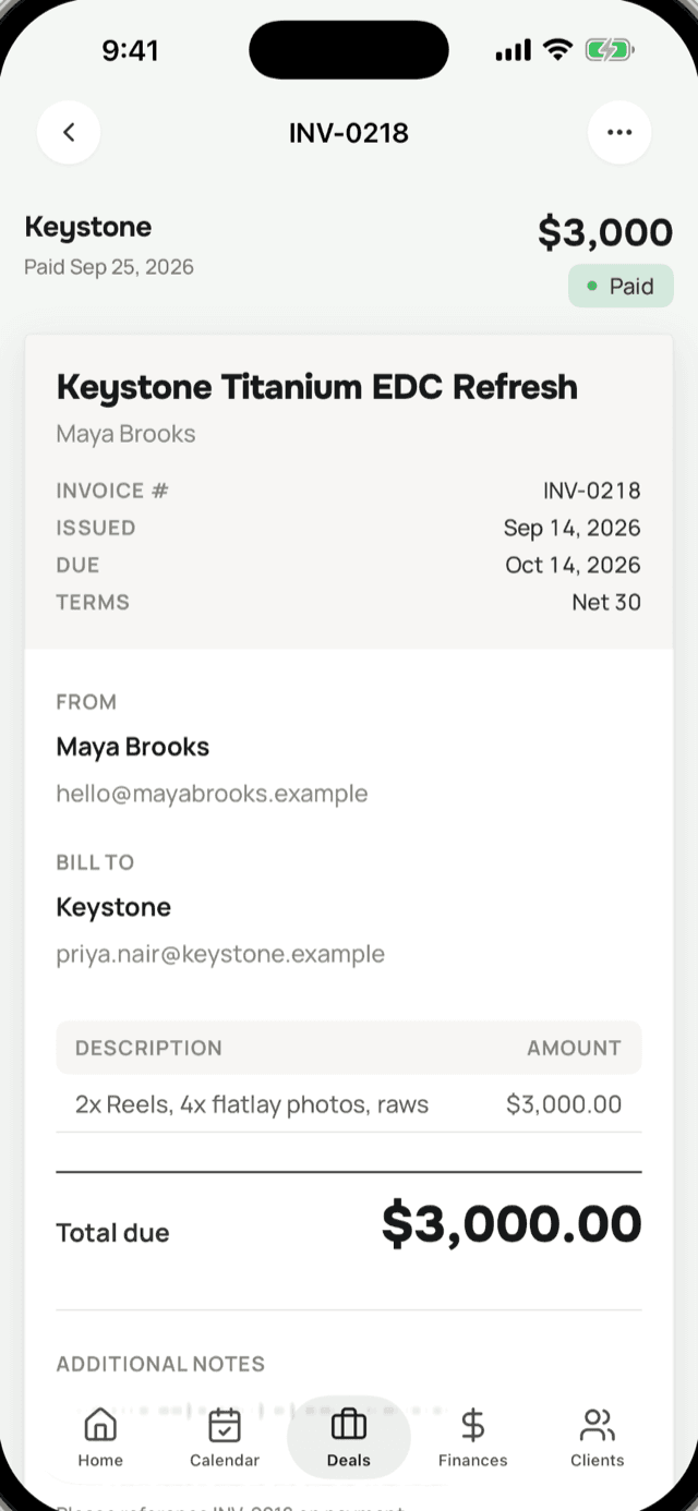 A Cadant invoice ready to send, payable by card