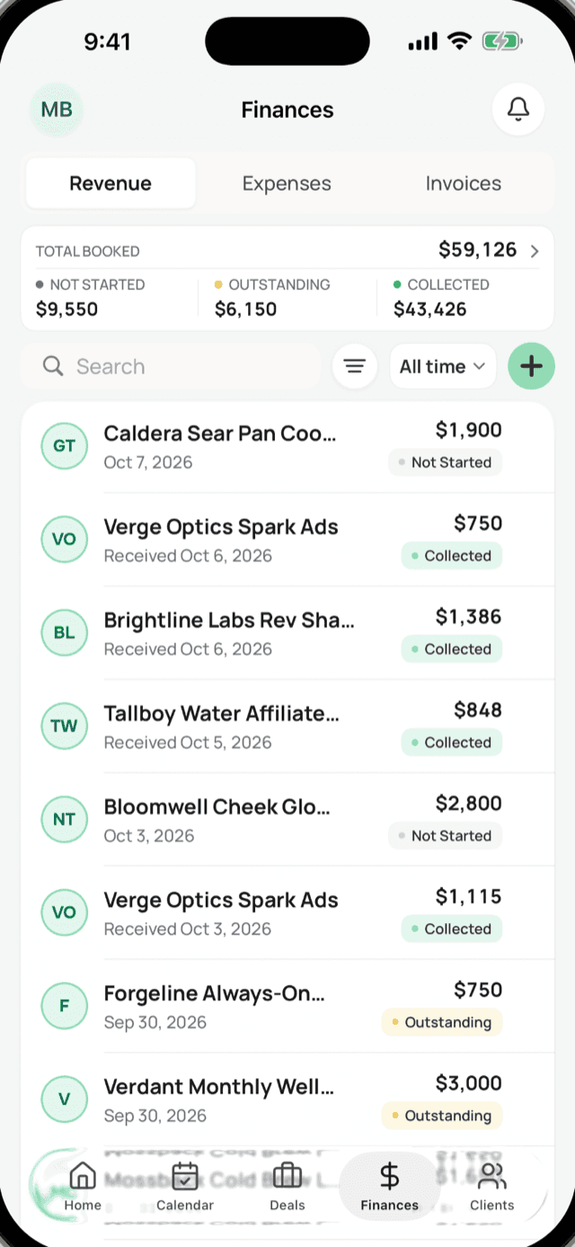 Cadant Finances screen with income, expenses and a tax set-aside